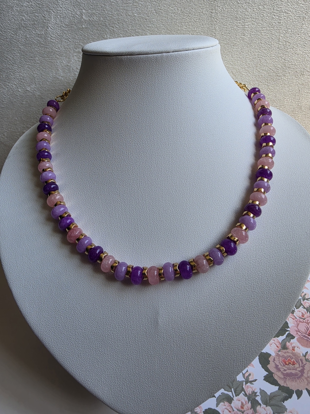 Gold-Accented Purple & Pink Beaded Necklace